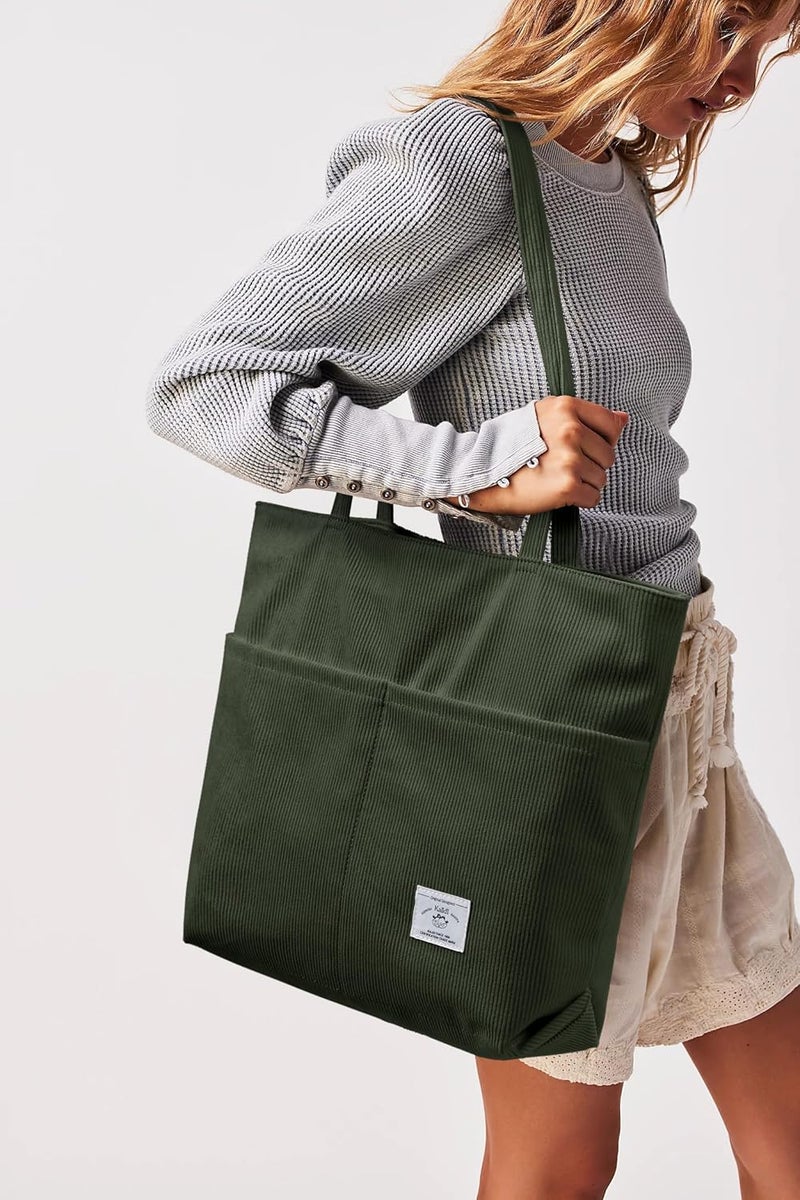 KALIDI FANCY FOREST KALIDI Women Corduroy Tote Bag Zipper Casual Tote's Handbag Big Capacity Shoulder Bag with Pockets - Image 2